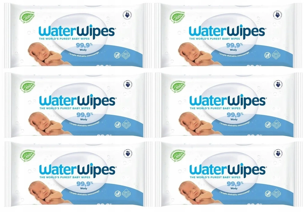 WATER WIPES WATERWIPES DRĖGNOS SERVETĖLĖS 18 PAKUOČIŲ PO 60 VNT. BIODEGRADABLE
