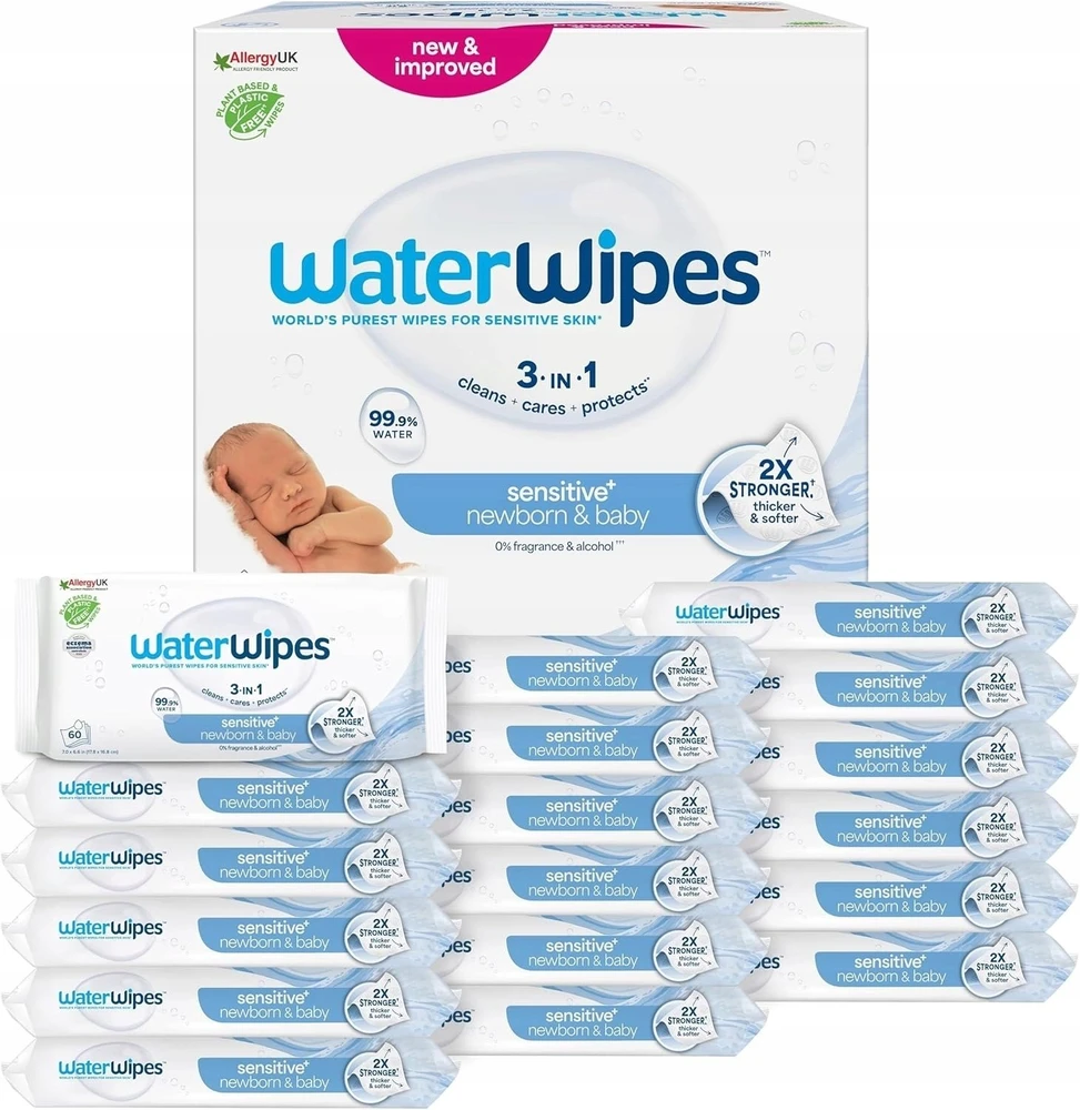 WATER WIPES WATERWIPES DRĖGNOS SERVETĖLĖS 18 PAKUOČIŲ PO 60 VNT. BIODEGRADABLE