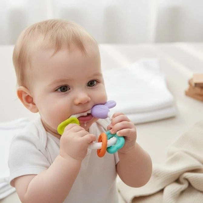 Bocioland Sensory Teether silikoninis zuikis su pakabukais 0m+