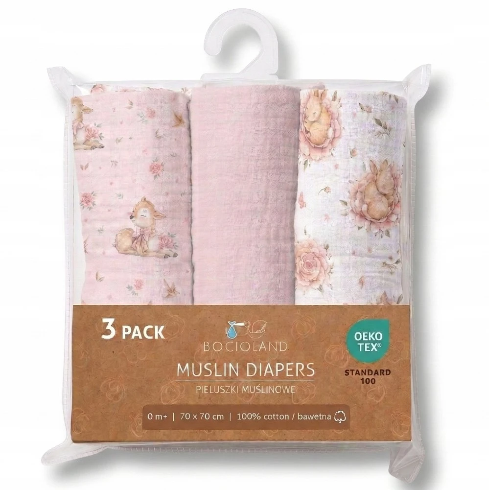 Bocioland 3039 Vystyklai MUŚLINOWE 70X70 3-PACK RÓŻ BL303