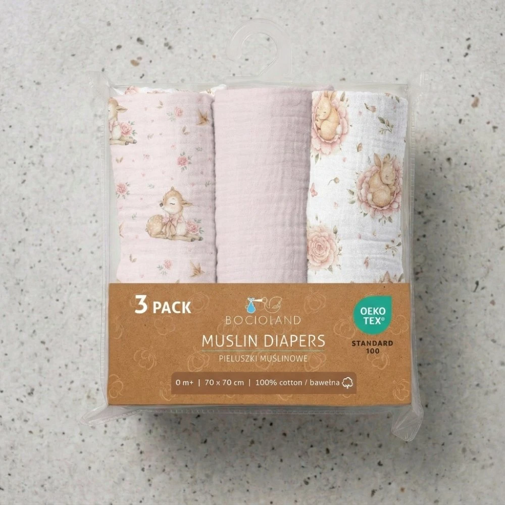 Bocioland 3039 Vystyklai MUŚLINOWE 70X70 3-PACK RÓŻ BL303