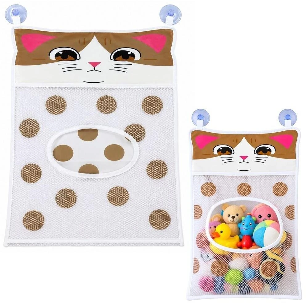 Lean Toys Krepšys Organizer su Przyssawkami Na Žaislai Do Kąpieli Kotek Kreminis 50 cm