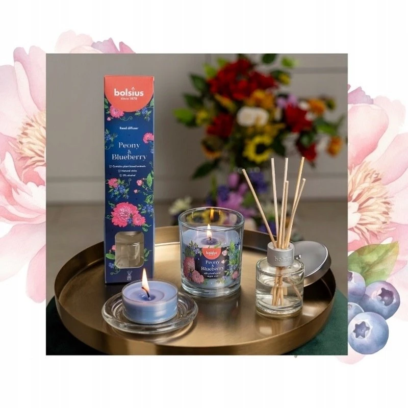 Žvakė, aromatinė Bolsius Bijūnų ir mėlynių, 25 h, 10 cm