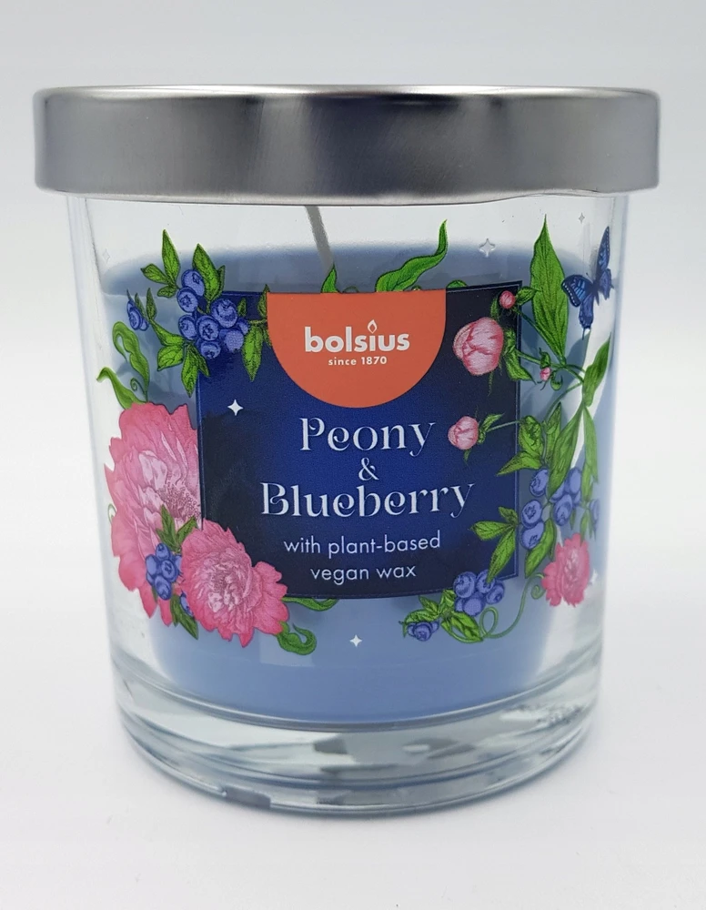 Žvakė, aromatinė Bolsius Bijūnų ir mėlynių, 25 h, 10 cm