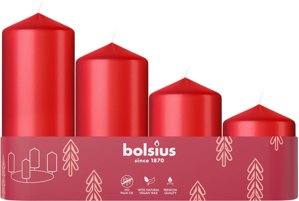 Bolsius Advento Kalėdų žvakės 4 vnt. 60x48mm Raudona