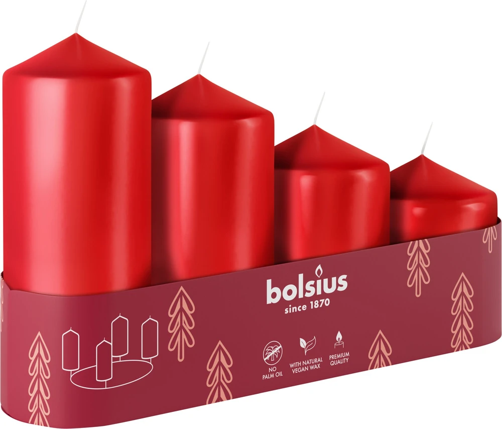 Bolsius Advento Kalėdų žvakės 4 vnt. 60x48mm Raudona