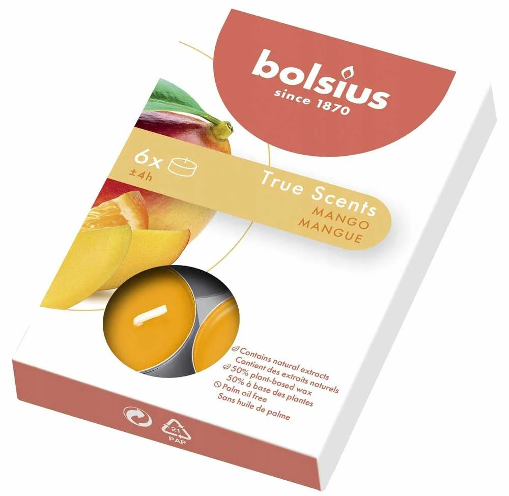 Bolsius True Scents arbatinės žvakės su mango aromatu, 6 vnt.