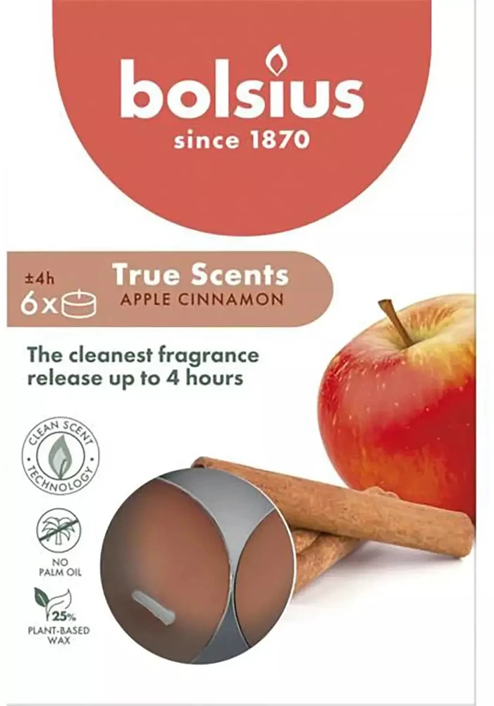 Bolsius „True Scents Tealights“ kvapiosios žvakės su obuolių ir cinamono skoniu, 6 vnt.