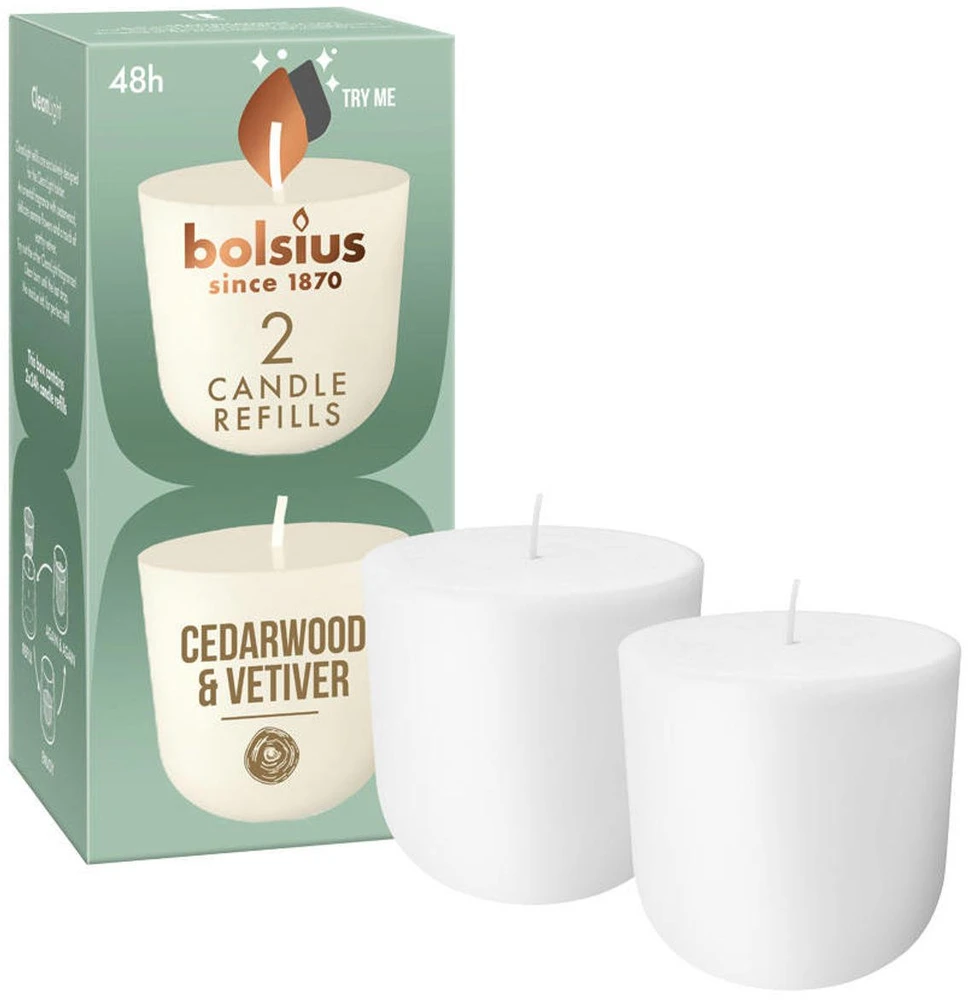 „Bolsius CleanLight“ žvakių papildymai, 2 vnt., kedro ir vetiverijos aromatas