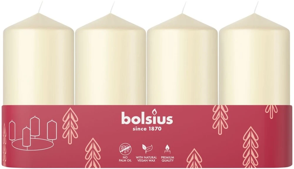 Bolsius cilindrinės žvakės, 4 vnt., 100 x 48 mm, kreminės spalvos