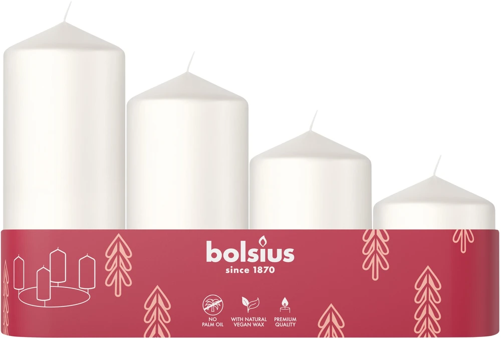 Bolsius Advent Christmas Candles 4pcs 60x48mm Baltas
