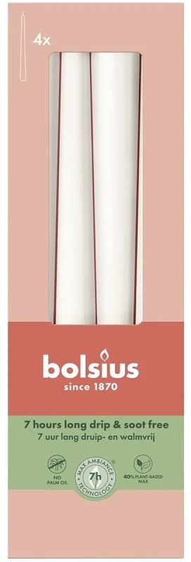 Žvakė, kūginė Bolsius, 24.5 cm, 4 vnt., balta