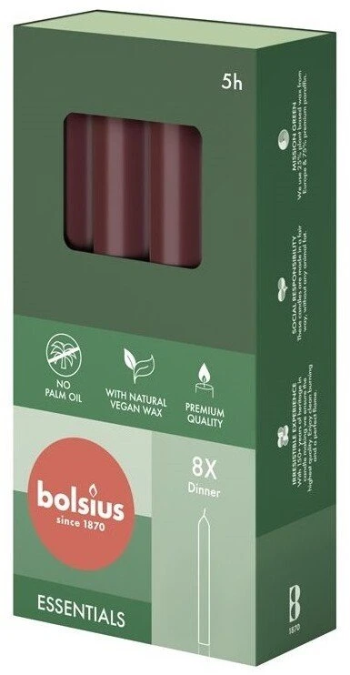 Bolsius Świece stołowe BOLSIUS Torpeda 170/20 (bordo spalvos) ~5h 8szt.