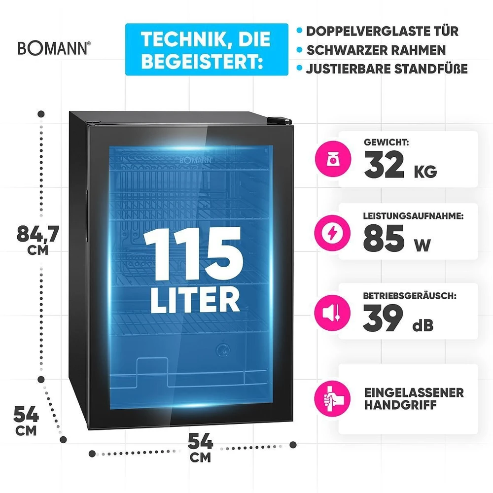 Bomann KSG 7290 juodas šaldytuvas su stiklinėmis durelėmis, 84,5 cm