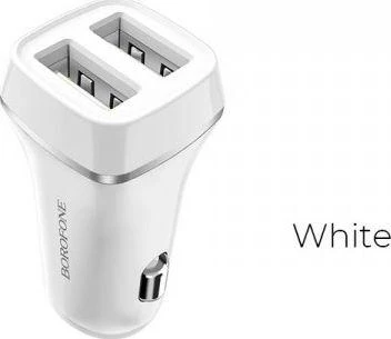 Dėklas Įkroviklis automobilinis Borofone BZ2 su dviem USB jungtimis (2.4A) baltas