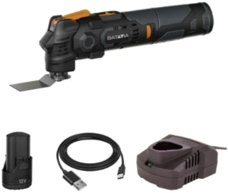 Akumuliatorinis daugiafunkcis pjovimo ir šlifavimo įrankis Batavia 12 V – „Fixxpack 2.0“ rinkinys (su 2.0 Ah baterija Ir USB-C įkrovimo laidu)
