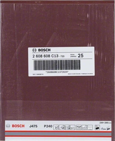 Bosch 2 608 608 C13 Gaminio tipas: Švitrinis popierius, Grūdėtumas (FEPA): P240, Geriausias panaudojimas: Šlifavimas, Rūdžių šalinimas. Plotis: 280 mm, Gylis: 230 mm. Pakuotės kiekis: 1 vnt. (2608608C13)