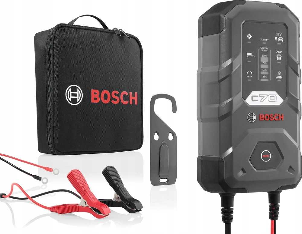 Bosch C70 įkroviklis su priedais ir transportavimo krepšiu