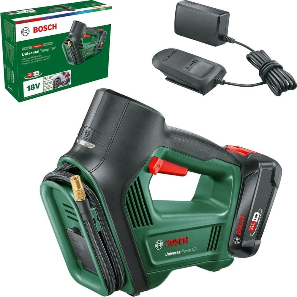 Bosch Bosch universalus siurblys 18V, dviratis, automobilis, universalus, 10,3 bar, 30 l/min, Žalias, plastikas, guma, 0 - 150 psi