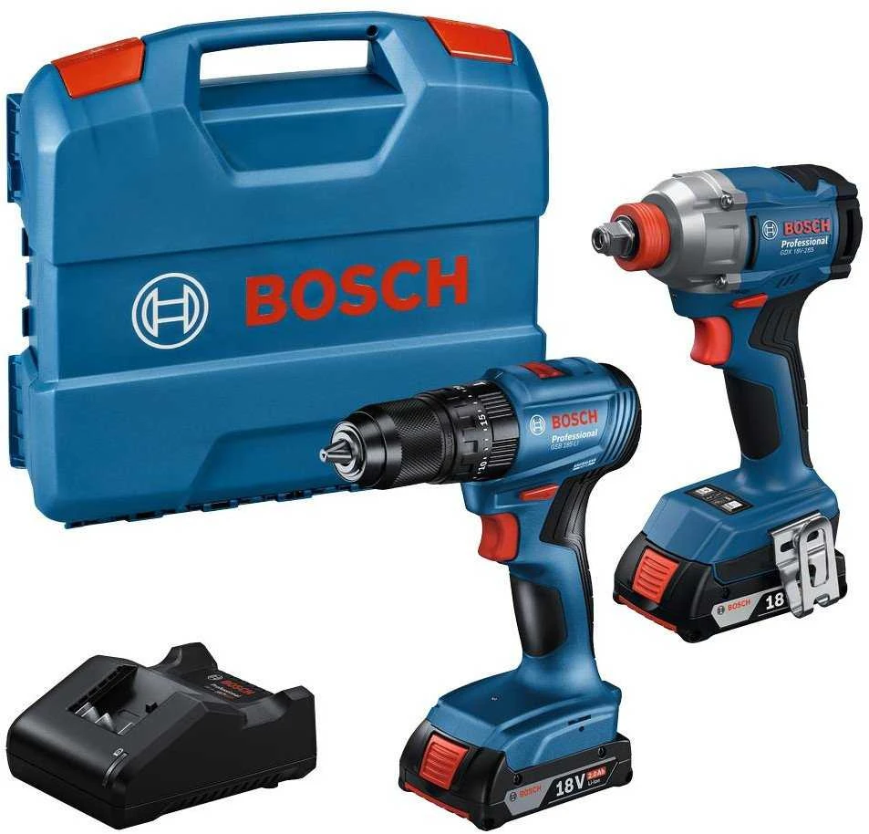 Bosch 18V įrankių komplektas su dviem suktuvais ir krovikliu