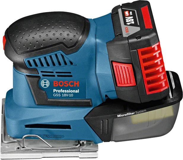 Bosch GSS 18V-10 šlifuoklis su 18V akumuliatoriumi ir filtru