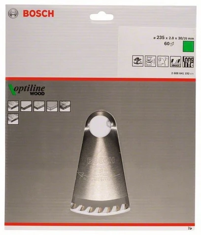 Pjovimo diskas medienai Bosch OPTILINE WOOD; 235x2,8x30,0 mm; Z60; 15°