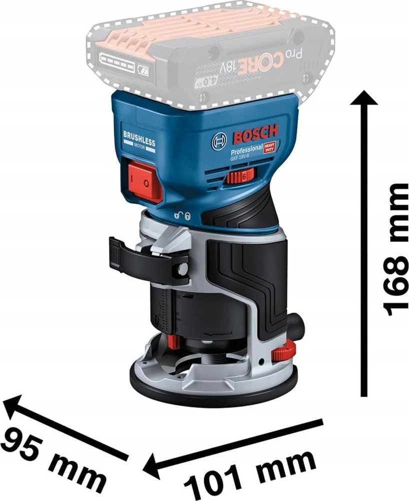Frezeris Bosch GKF 18V-8 komplektas (8 mm įvorė, įleidžiamas pagrindas, pagrindas), LB
