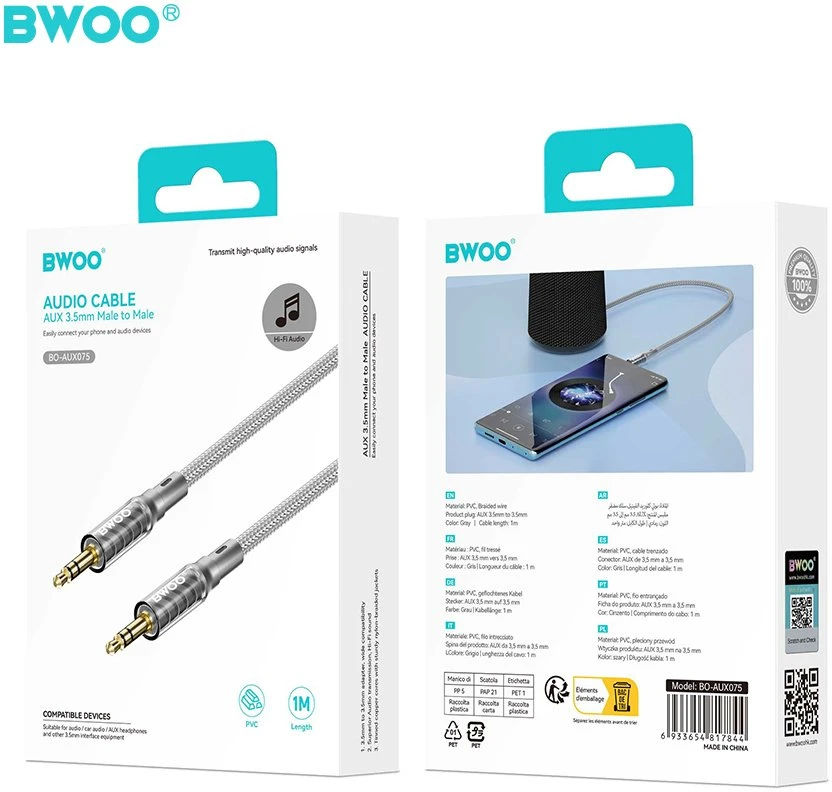 Audio adapteris Bwoo (AUX075) 3,5mm į 3,5mm (p-p) pilkas