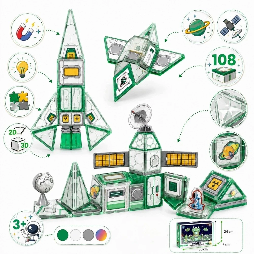 Bounn Magnetinės konstrukcinės kaladėlės Kosminė stotis 108 elementai (ST0590571B)