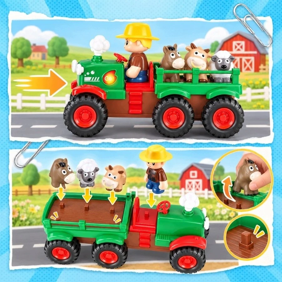 Bounn Traktorius Farmer su priekaba ir gyvūnėliais šviesa garsai (HN207103)
