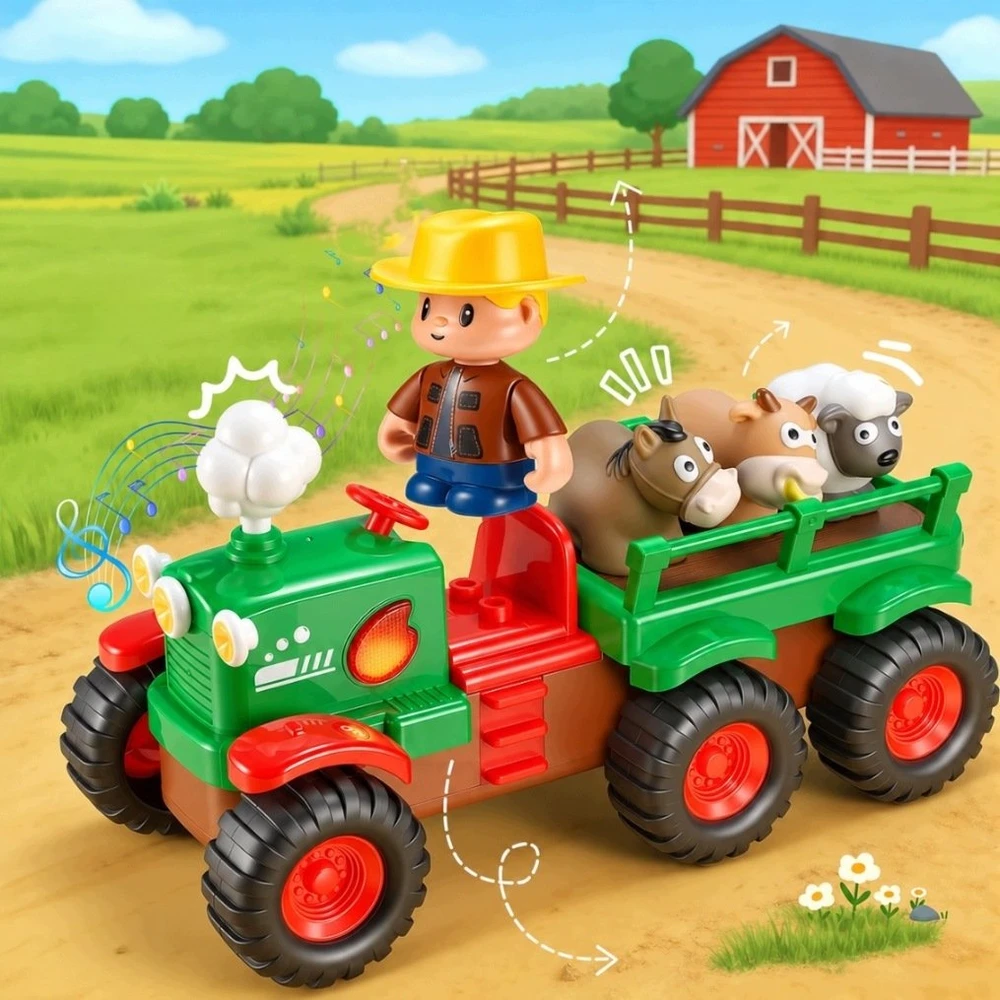 Bounn Traktorius Farmer su priekaba ir gyvūnėliais šviesa garsai (HN207103)