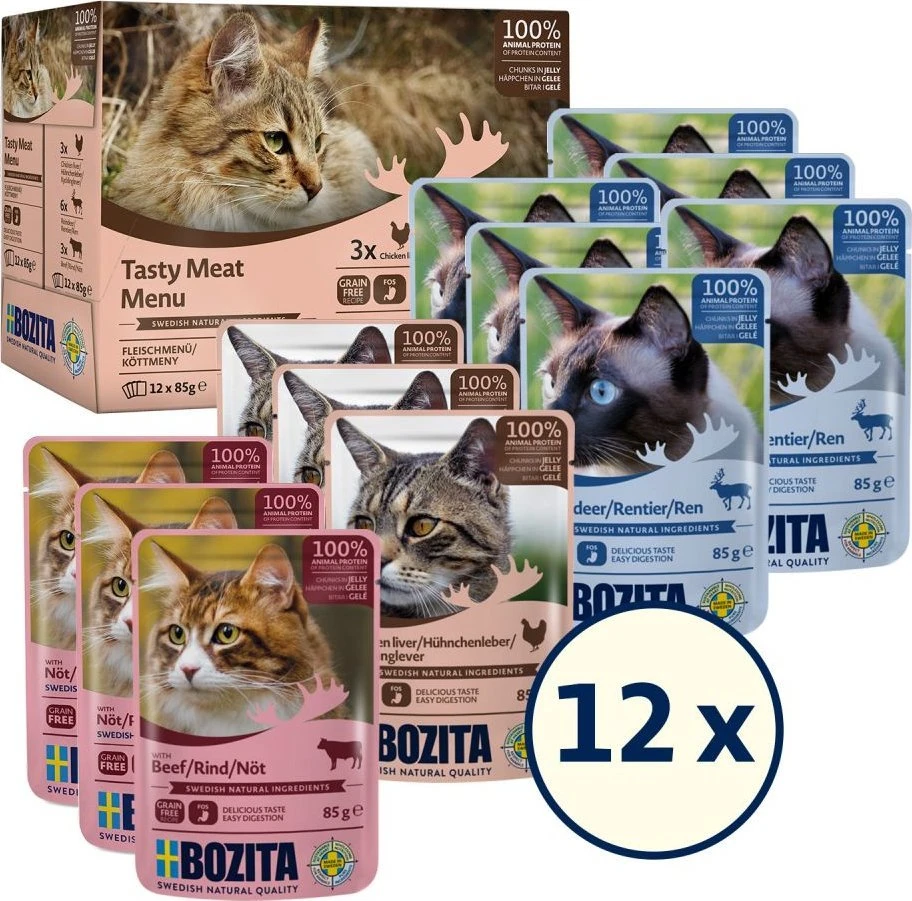 BOZITA Skanus mėsos meniu Multibox Flavour Mix in Jelly - Šlapias kačių maistas - 12 x 85g