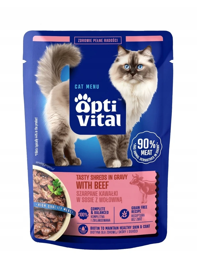 OPTIVITAL Tasty shreds in gravy with jautiena – šlapias kačių maistas – 85g