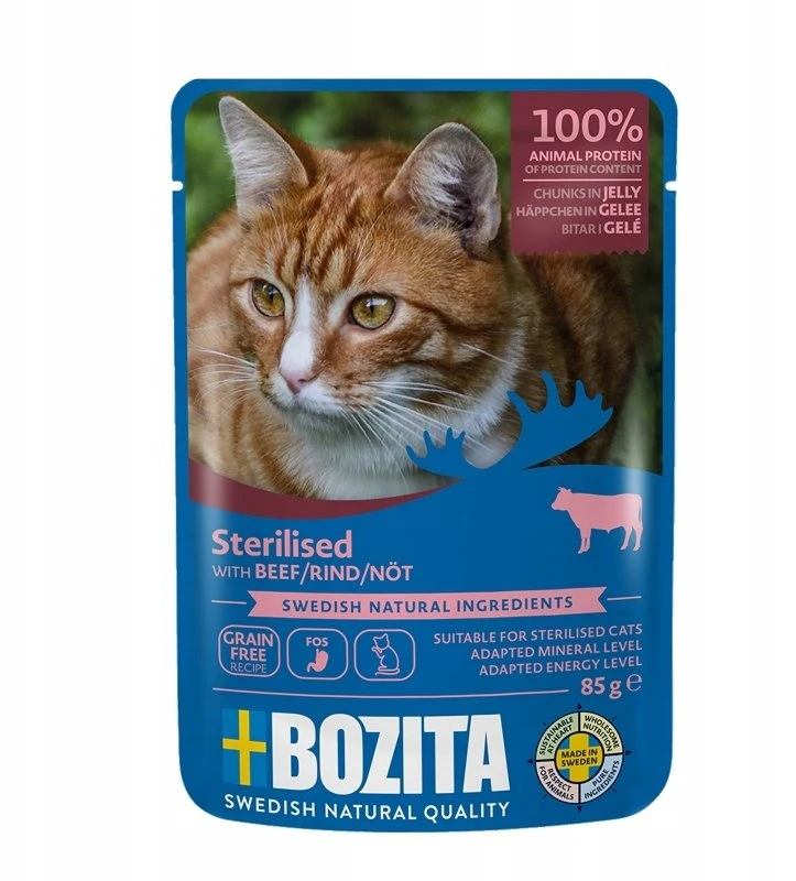 BOZITA sterilizuoti gabaliukai drebučiuose su mėsa – drėgnas kačių maistas -12 x 85g