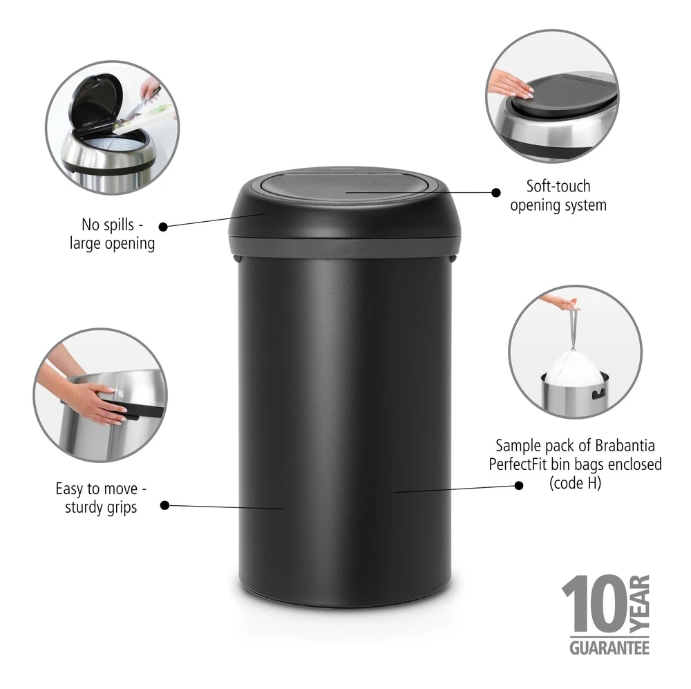Brabantia Bo Touch skalbinių krepšys, 60 l, mineralinis, mėnulio šviesos, juodas (128981)