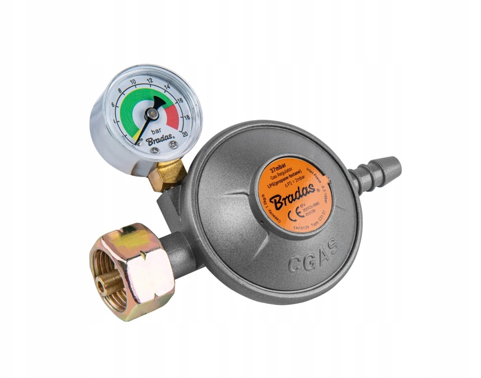 BRADAS DUJŲ REGULIATORIUS SU MANOMETRU IR APSAUGINIU VOŽTUVU EFV 37 mbar / 1,5kg/h / 9 mm / DĖŽUTĖ