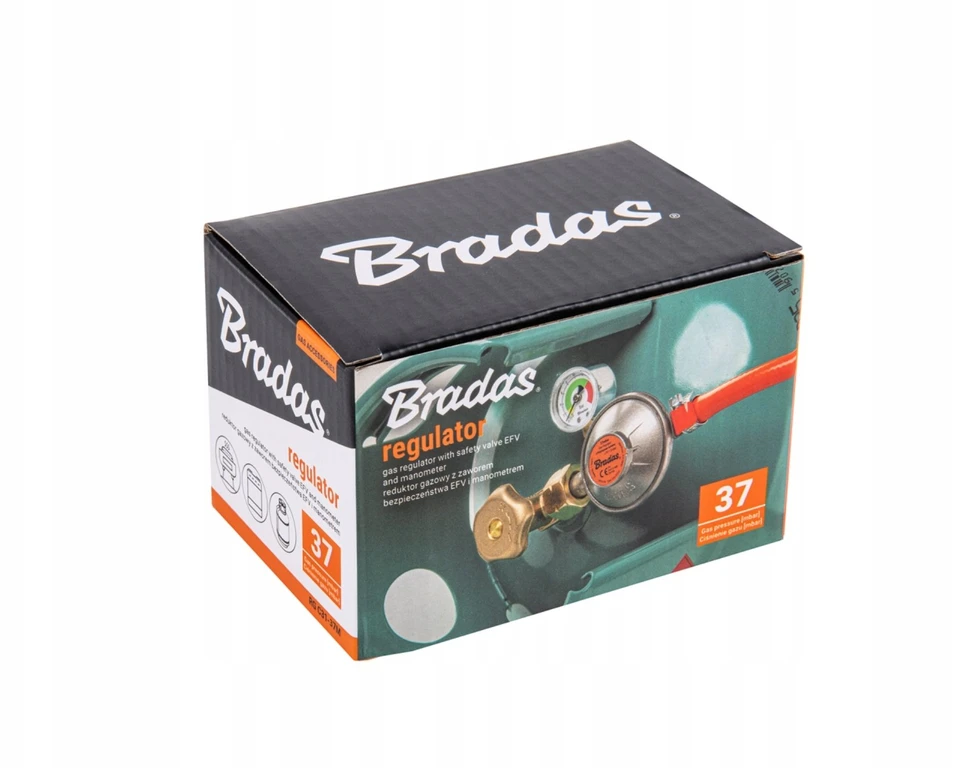 BRADAS DUJŲ REGULIATORIUS SU MANOMETRU IR APSAUGINIU VOŽTUVU EFV 37 mbar / 1,5kg/h / 9 mm / DĖŽUTĖ