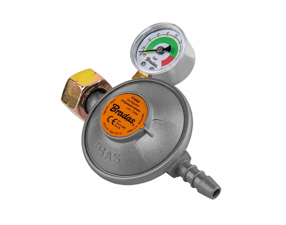 BRADAS DUJŲ REGULIATORIUS SU MANOMETRU IR APSAUGINIU VOŽTUVU EFV 37 mbar / 1,5kg/h / 9 mm / DĖŽUTĖ