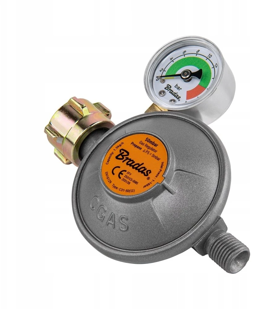 BRADAS DUJŲ REDUKTORIUS SU MANOMETRU IR APSAUGINIU VOŽTUVU EFV 50 mbar 1,5kg/h G1/4″ -LH DĖŽUTĖ