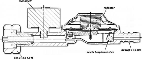 Bradas dujų reguliatorius 37mbar 1,5kg/h su apsauginiu vožtuvu ir manometru 9-10mm žarnai (RG A310IE-M)