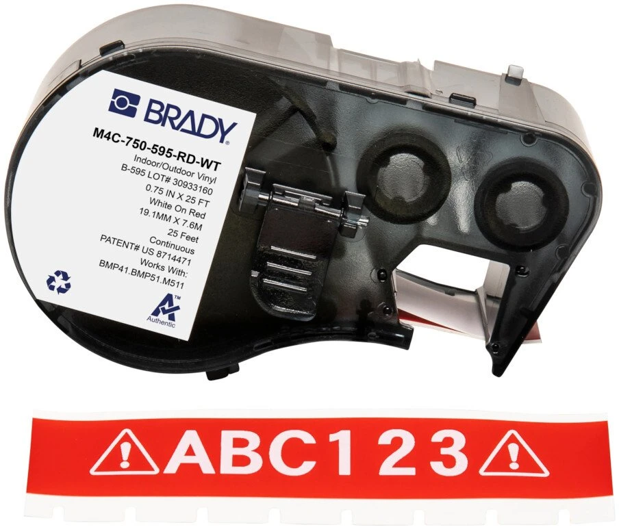 Brady M4C-750-595-RD-WT, raudona, balta, lipni spausdintuvo etiketė, ištisinė etiketė, vinilas, terminio perkėlimo etiketė, akrilas