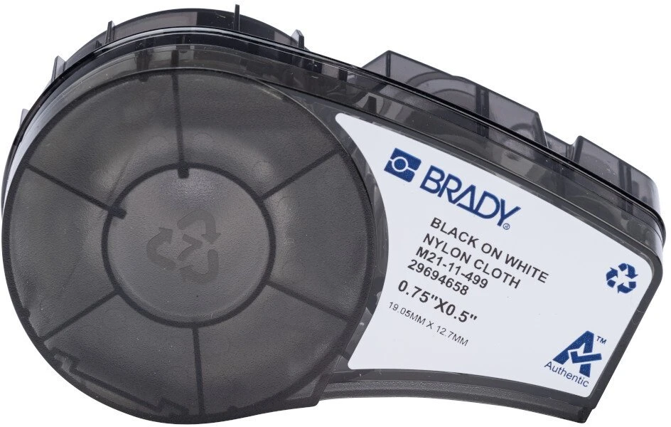 Brady M21-11-499, balta, lipni spausdintuvo etiketė, išpjauta etiketė, nailonas, terminis perkėlimas, akrilas