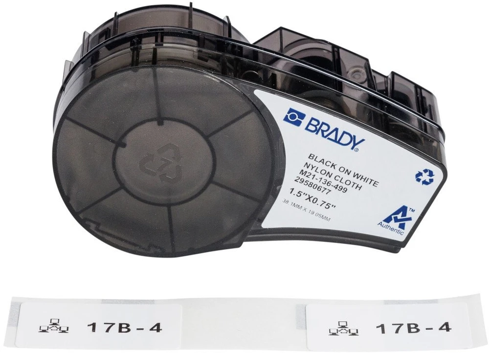 Brady M21-136-499, Balta, Lipni spausdintuvo etiketė, Iškirpta etiketė, Nailonas, Terminis perkėlimas, Akrilas