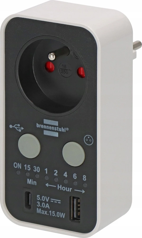 Brennenstuhl Laikmatis (lizdas) 16A su USB-A ir USB-C 3A 1506181