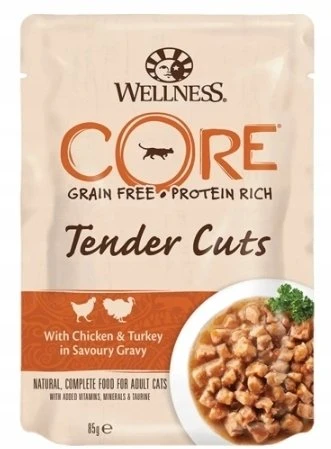Brit „Core Tender Cuts“, šlapias katėms skirtas ėdalas su vištiena ir kalakutiena padaže, 85 g, pakelis, 8 vnt./EKSPONUOJAMAS