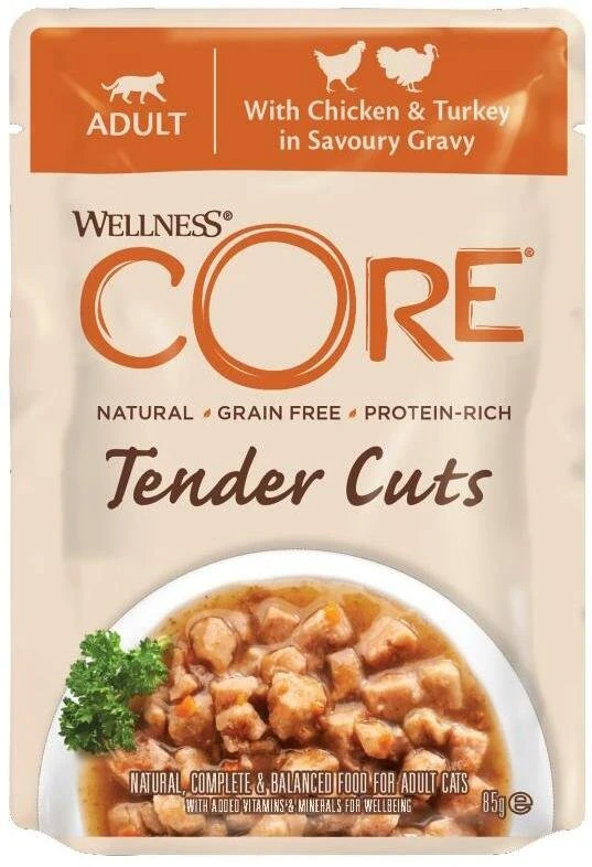 Brit „Core Tender Cuts“, šlapias katėms skirtas ėdalas su vištiena ir kalakutiena padaže, 85 g, pakelis, 8 vnt./EKSPONUOJAMAS