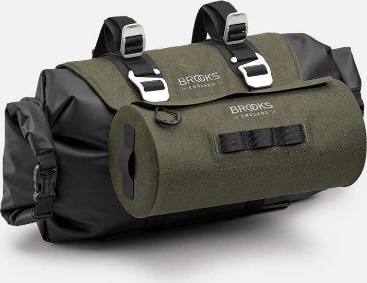 Brooks Krepšys ant vairo BROOKS SCAPE HANDLEBAR ROLL, purvo žalia, Talpa 9-11L, Tvirtinimas dirželiais, Atsparumas vandeniui IPX4 (NAUJAS)