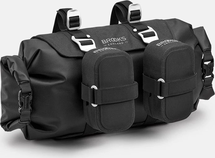 Brooks Vairaračio krepšys BROOKS SCAPE HANDLEBAR ROLL, juoda, talpa 9-11 l, tvirtinimas dirželiais, atsparumas vandeniui IPX4 (NAUJIENA)