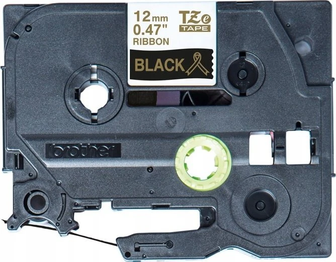 BROTHER TZE-R334 satininė juostelė - auksinis tekstas ant juodos juostelės, 12 mm