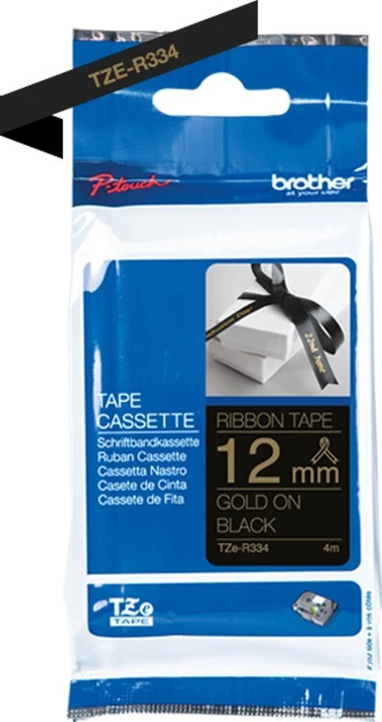 BROTHER TZE-R334 satininė juostelė - auksinis tekstas ant juodos juostelės, 12 mm